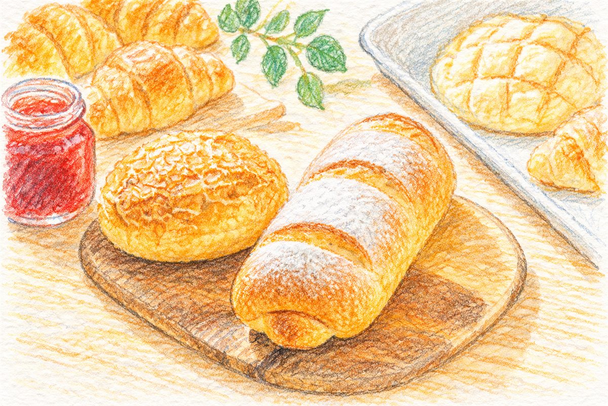 焼きたてのパンのイラスト（クロワッサン・メロンパン・ジャムなど）
